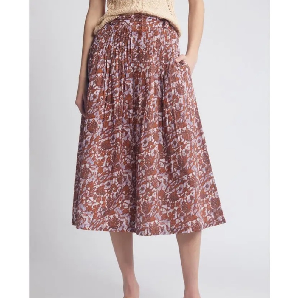 Women's Rust Floral Midi Skirt with Pleated Waist
